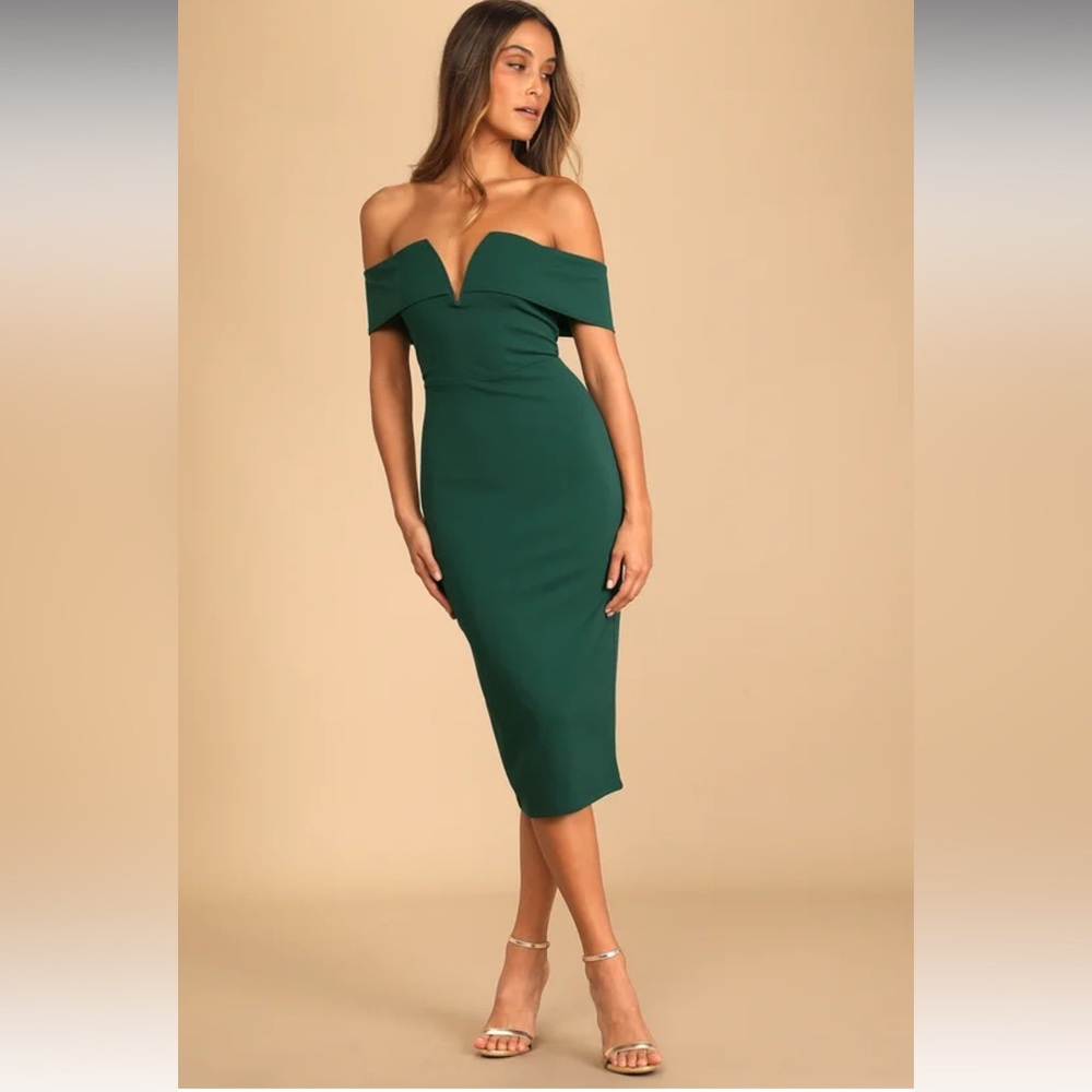 Lulus my favorite night dark green off the shoulder body on midi dress M NWT